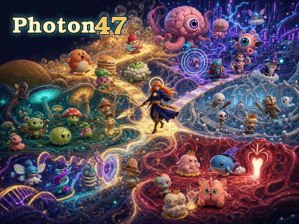 Photon47 characters interacting across six connected biological regions